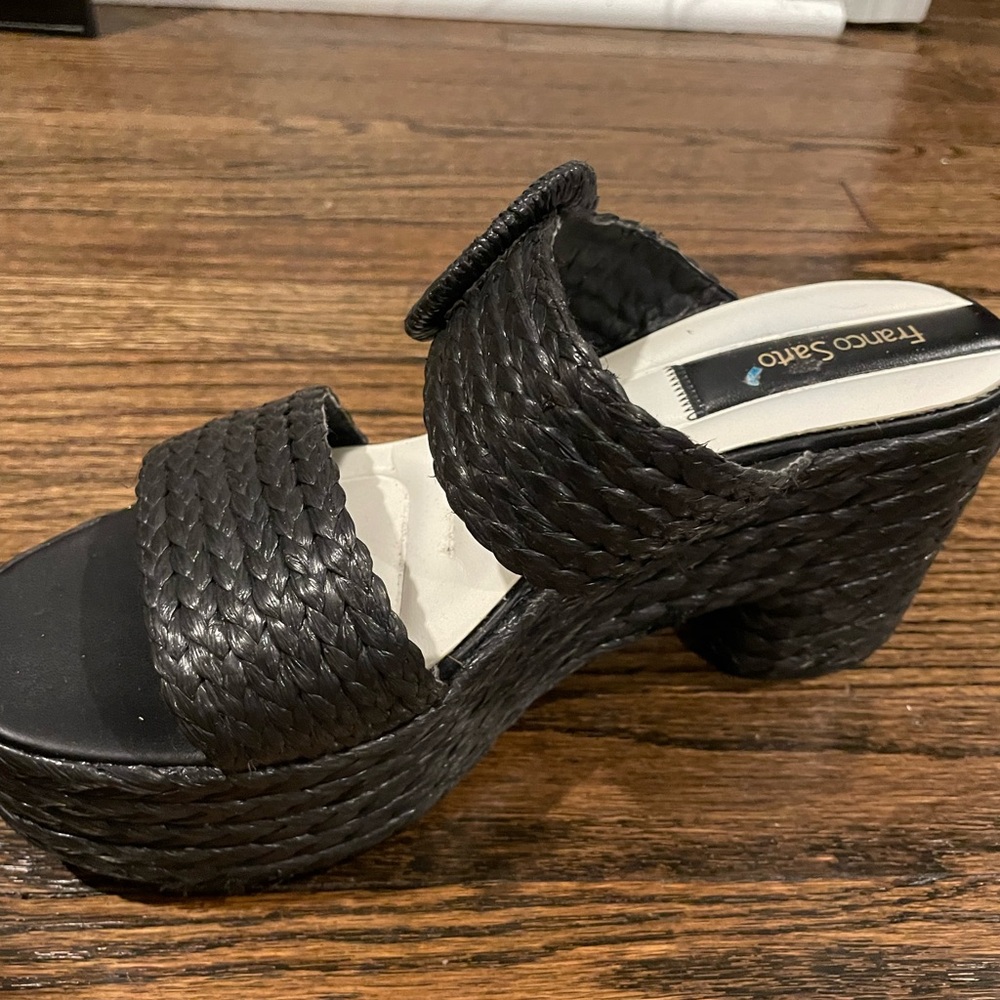 Franco Sarto 120 Platform Sandals’ in black braided raffia with double straps.